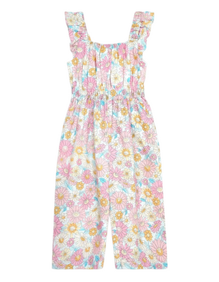 Jojo Maman Bebe Girls' Sunflower Cotton Linen Frill Shoulder Jumpsuit in Pink