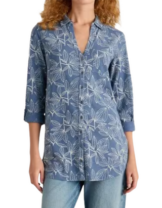 Women's Annie Longline Floral Printed Cotton Shirt in Blue Print