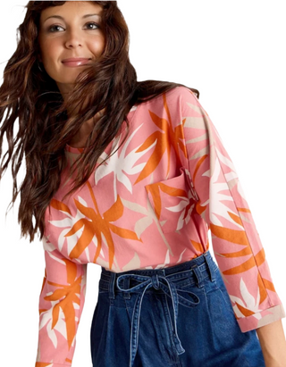 Women's Long Sleeve Demi Dolmon Abstract Geo Cotton T-Shirt in Pink Mix(Imperfect)