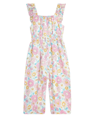 Jojo Maman Bebe Girls' Sunflower Cotton Linen Frill Shoulder Jumpsuit in Pink