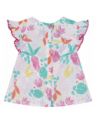 Carrement Beau Girls' Tropical Print Embroidery Flounces Top in White Mix