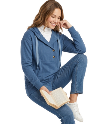 Women's Long Sleeve Textured Button-Placket Pullover Hoodie in Navy