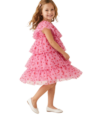 Girl's Ruffle Tulle Dress in Pink Hearts