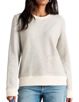 Women's Long Sleeve Stripe Crew Neck Sweatshirt in White