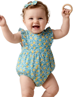 Jojo Maman Bebe Floral Frill Bubble Romper in Blue Lemon Blooms