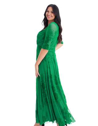 Women's Elizabeth Velvet Flocked Mesh Maxi Gown in Green