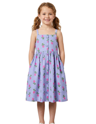 Girls Printed Sleeveless Linen Midi Dress in Blue Veggies