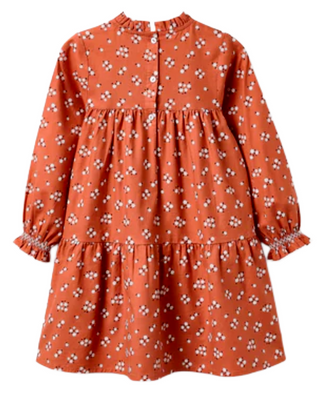 Girls' Long Sleeve  Autumn Bloom Ruffle Dress in Orange