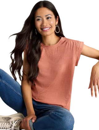 Women's Short Sleeve Stripe Claudia Tee in Coral Multi