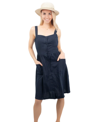 Women's Sleeveless Linen Blend Square Neck Summer  Dress in Navy