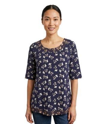 Women's Short Sleeve Embroidered Weaver Cotton Top in Navy (Imperfect)