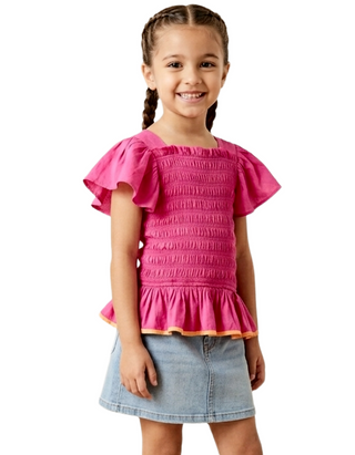 Bisby Girls' Smocked Flutter Sleeve Top in Vibrant Pink