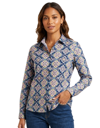 Women's Long Sleeve Tile Printed Jersey Shirt in Navy Mix