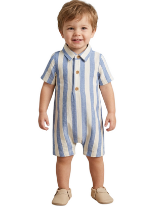 Baby Short Sleeve Striped Linen Romper in Dutch Blue/Ecru