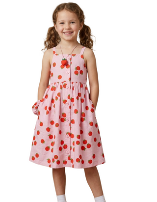 Girls Printed Sleeveless Linen Midi Dress in Pink Veggies