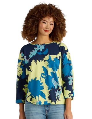 Women's Long Sleeve Demi Dolmon Abstract Cotton T-Shirt in Blue Mix (Imperfect)