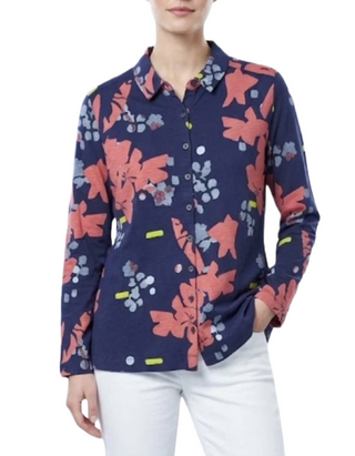 Women's Long Sleeve Abstract Floral Print Jersey Shirt in Navy (Imperfect)