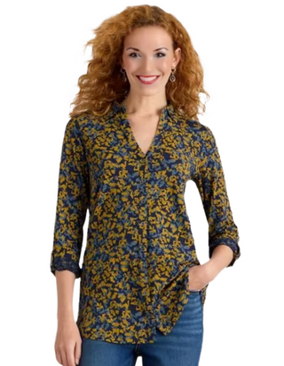 Women's Annie Longline Abstract Printed Cotton Shirt in Navy Mix
