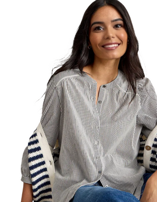 Women's 3/4th Sleeve Navy Stripe Mix Shirt in White