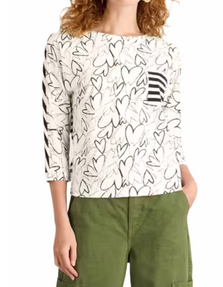 Women's Long Sleeve Demi Dolmon Cotton T-Shirt in White/Black