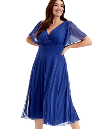 Scarlett & Jo Plus Size Victoria Solid Angel Sleeve Mesh Midi Dress in Royal Blue