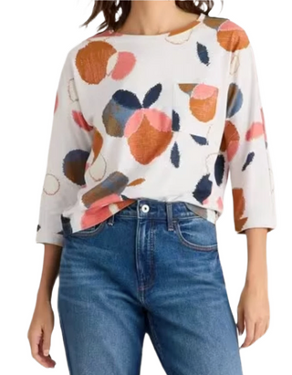 Women's Long Sleeve Demi Dolmon Abstract Geo Cotton T-Shirt in White Mix (Imperfect)