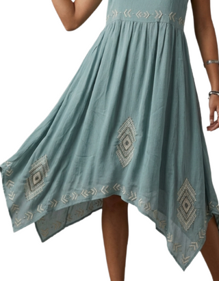 Women's Sleeveless Embroidered Hanky Hem Indigo Dress in Turquoise