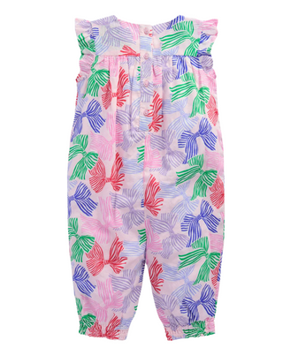 Mini Boden Kids Woven Ruffle Sleeve Romper in French Pink Bow