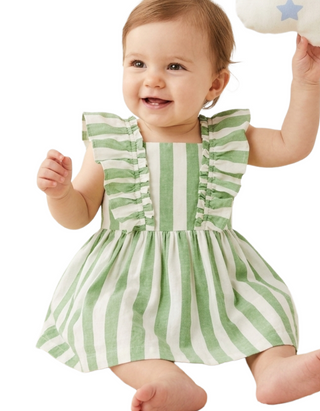 Baby Flutter Sleeve Printed Linen Dress in Ecru/Candied Apple