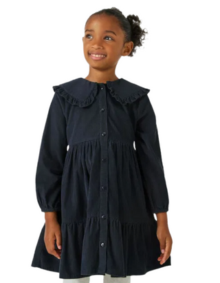 Girl's Long Sleeve Corduroy Tiered Dress in Black