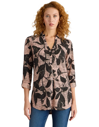 Women's Annie Longline Leaf Printed Cotton Shirt in Black Mix
