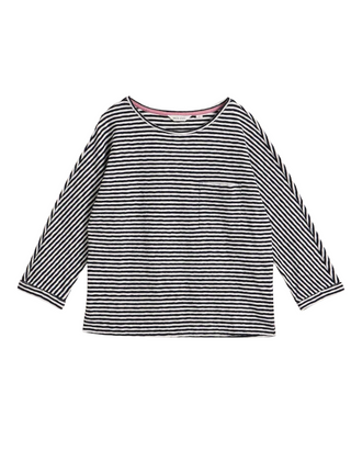 Women's Long Sleeve Demi Dolman Sleeve Striped T-shirt in Navy