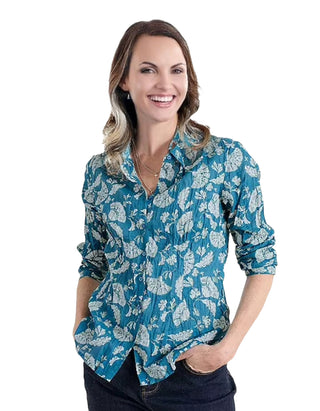 Women's Larissa Organic Cotton Shirt in Teal Blue Floral (IMPERFECT)