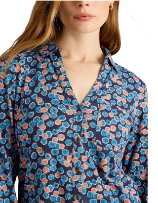 Women's Annie Longline Floral Printed Cotton Shirt in Navy Mix