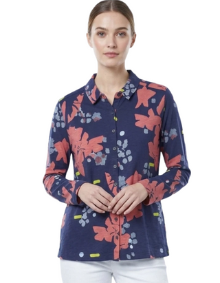 Women's Long Sleeve Abstract Floral Print Jersey Shirt in Navy (Imperfect)