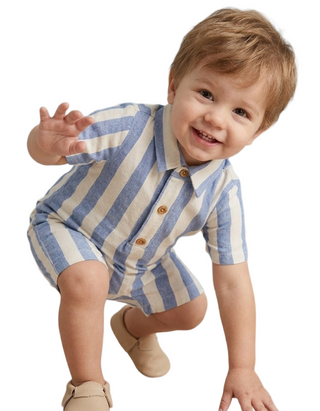 Baby Short Sleeve Striped Linen Romper in Dutch Blue/Ecru