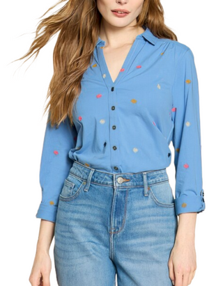 Women's Long Sleeve Annie Embroidered Jersey Shirt in Blue