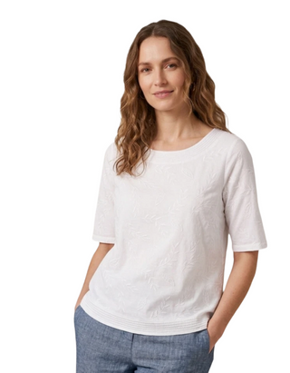 Women's Short Sleeve Embroidered Weaver Top in White (Imperfect)