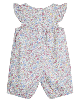 Jojo Maman Baby Ditsy Floral Print Pretty Ruffle Shoulder Sunsuit in Cherry Pink