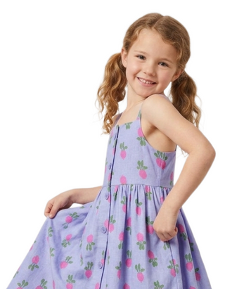 Girls Printed Sleeveless Linen Midi Dress in Blue Veggies