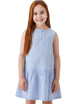 Girl’s Sleeveless Stripe Ruffle Hem Dress in Blue (IMPERFECT)