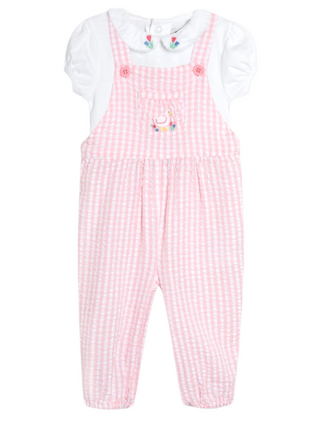 JoJo Maman Bebe Duck Embroidered Gingham Dungarees in Pink