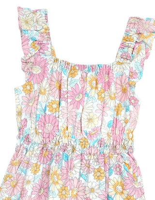 Jojo Maman Bebe Girls' Sunflower Cotton Linen Frill Shoulder Jumpsuit in Pink