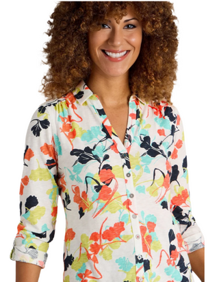 Women's Long Sleeve Annie Printed Jersey Cotton Shirt in White Mix