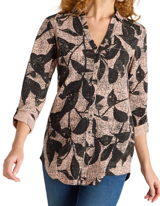 Women's Annie Longline Leaf Printed Cotton Shirt in Black Mix