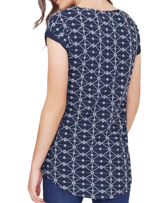 Women's Short Sleeve Geo Embroidered Tunic Top in Navy & White