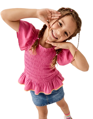 Bisby Girls' Smocked Flutter Sleeve Top in Vibrant Pink