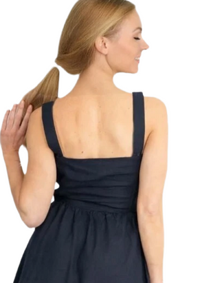 Women's Sleeveless Linen Blend Square Neck Summer  Dress in Navy