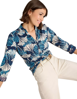 Women's Long Sleeve Annie Printed Jersey Cotton Shirt in Blue Mix