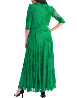 Women's Elizabeth Velvet Flocked Mesh Maxi Gown in Green